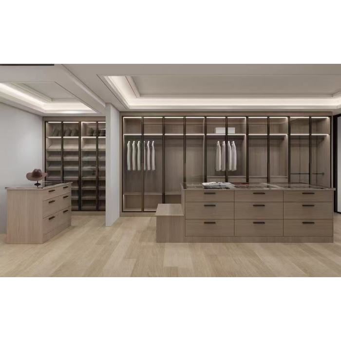 Modern | Melamine & Glass Door |Walk in Cabinet with Island | ODM Customization