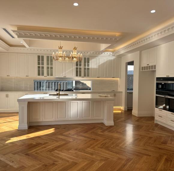 White raised door shape french style kitchen cabinet Melbourne