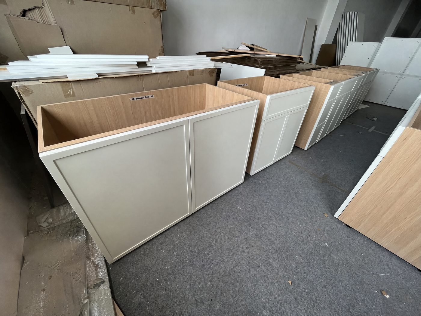 Custom cabinet carcasses on the ZoneIdeal production line before inspection