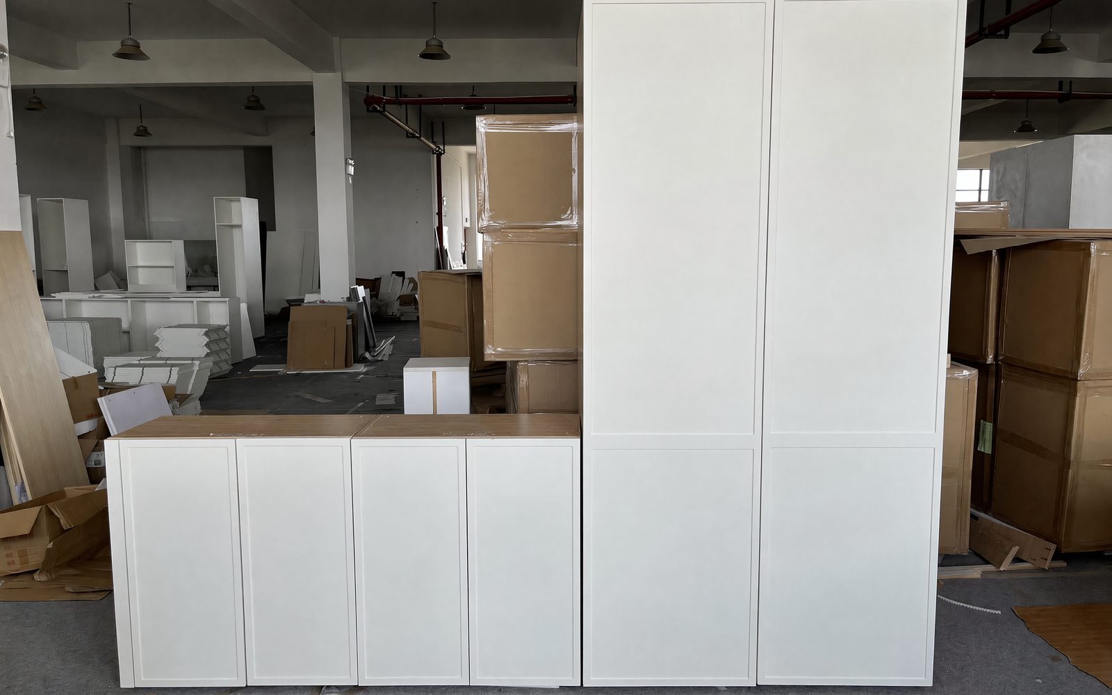 Inspected ZoneIdeal cabinet units staged and packed for export shipping