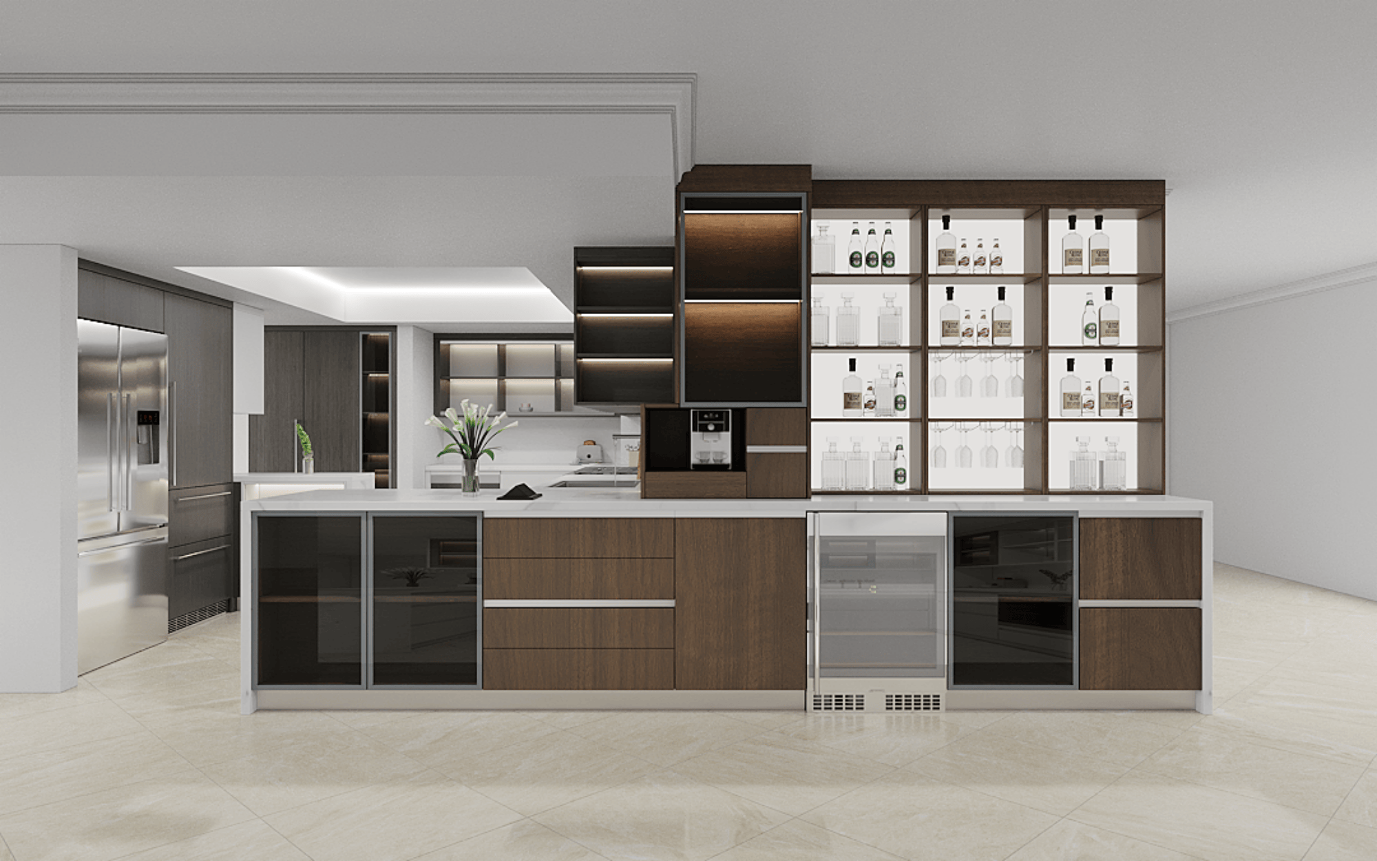 Modern | Melamine ＆ High-Gloss Lacquer | Kitchen Cabinets with Island-3D Rendering