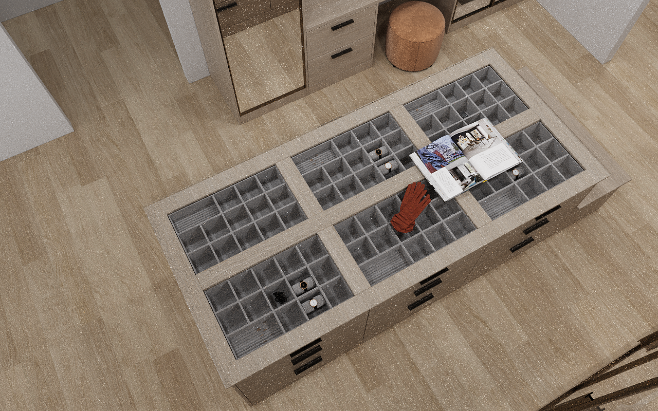Modern | Melamine ＆ High-Gloss Lacquer | Kitchen Cabinets with Island-3D Rendering