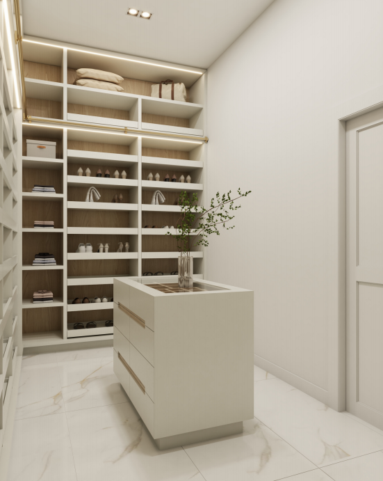 Modern | Melamine ＆ High-Gloss Lacquer | Kitchen Cabinets with Island-3D Rendering