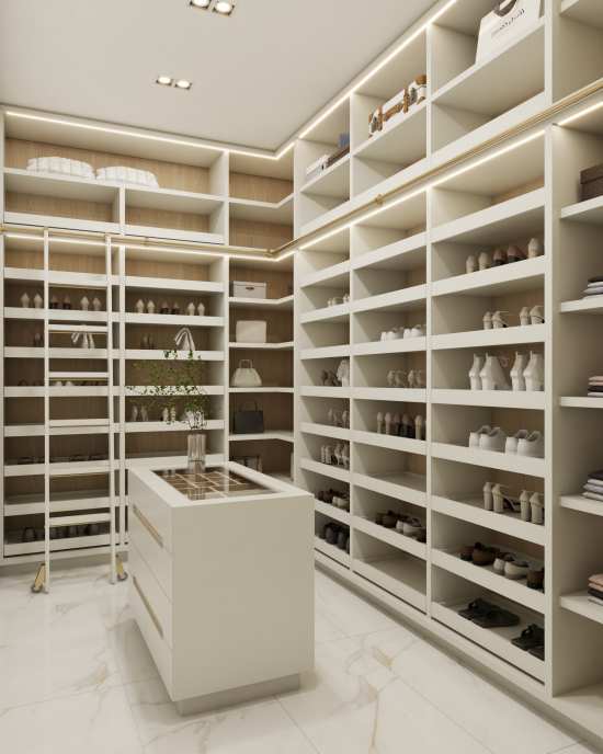 Modern | Melamine ＆ High-Gloss Lacquer | Kitchen Cabinets with Island-3D Rendering