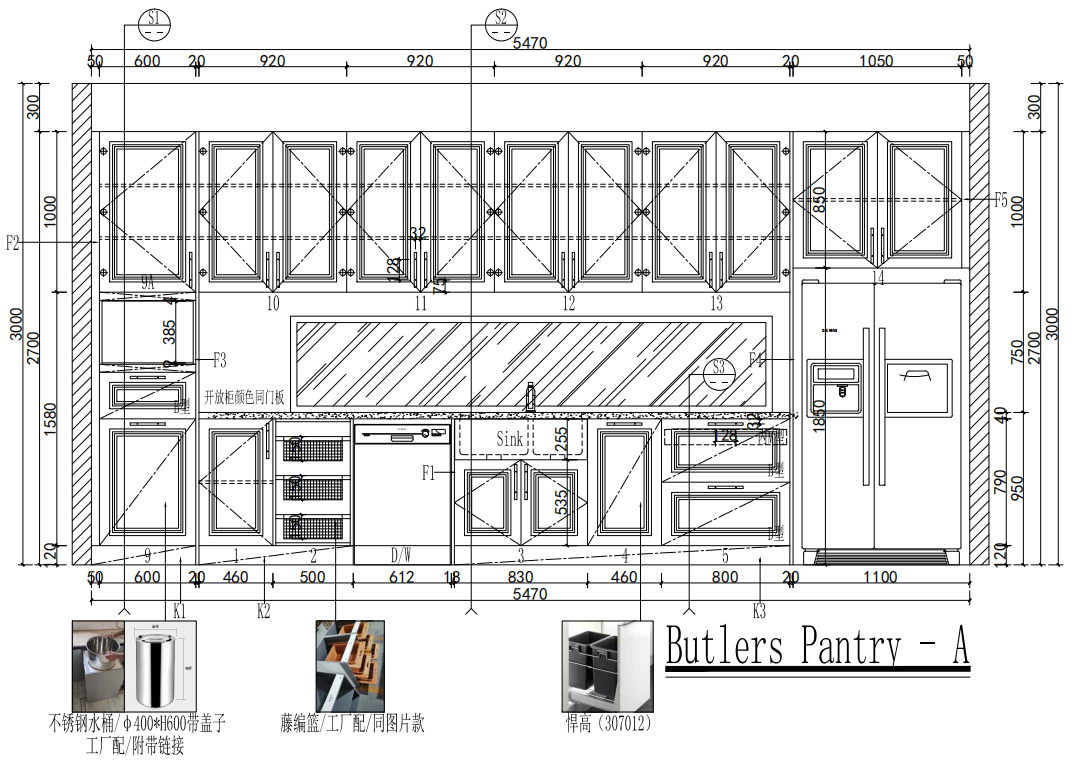 Modern | Melamine ＆ High-Gloss Lacquer | Kitchen Cabinets with Island-CAD Design Drawing