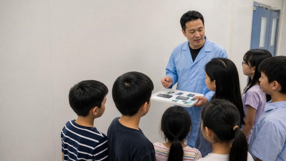Figure 3: A KeyPadOne engineer holds a display board and gives the children a lively science lesson.