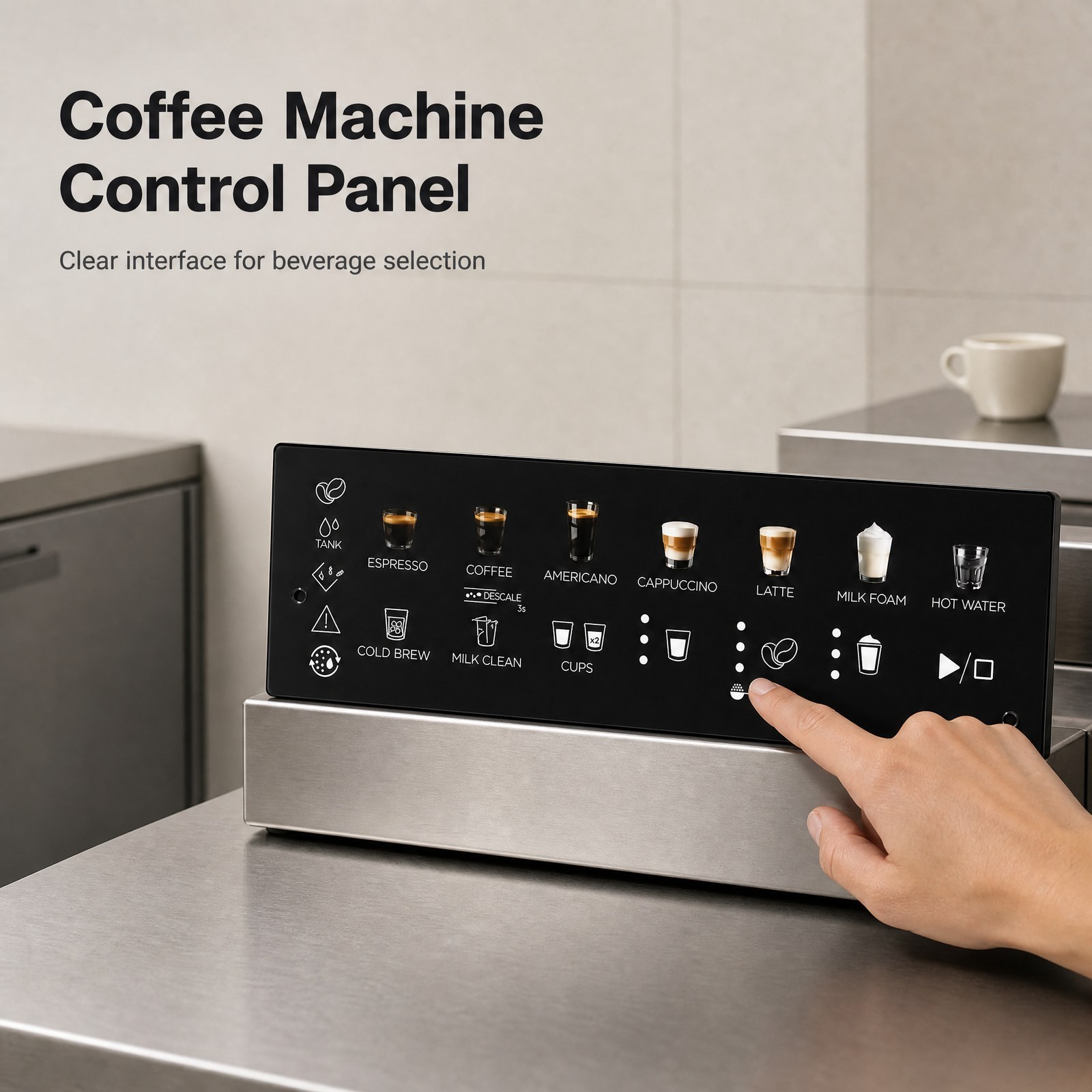 Custom membrane control panel for commercial coffee machines