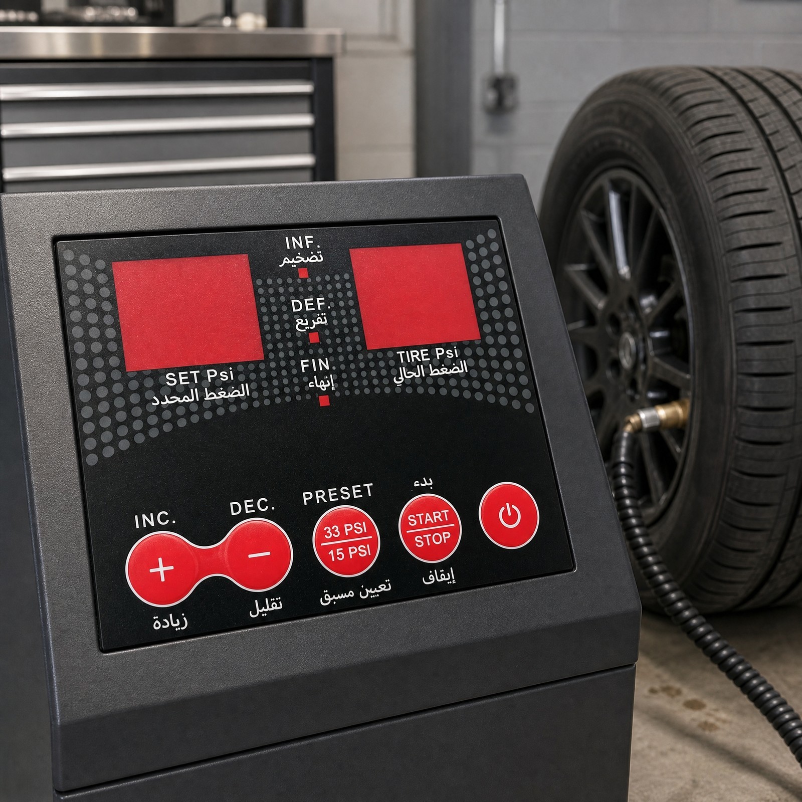 Bilingual membrane switch installed on a tire inflator in a tire service workshop