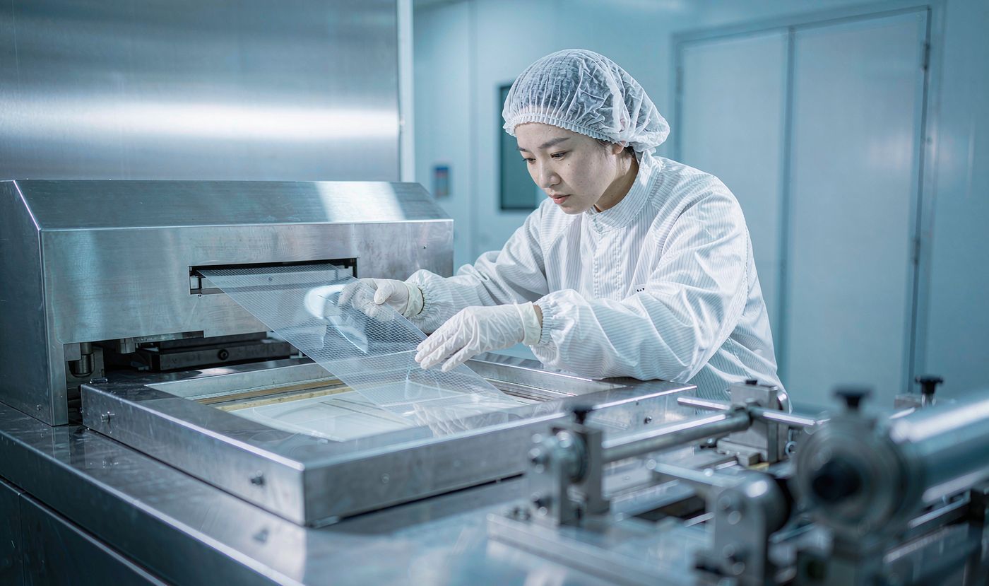 A production operator in a cleanroom suit screen-printing conductive silver ink onto a transparent PET film on a precision printing machine