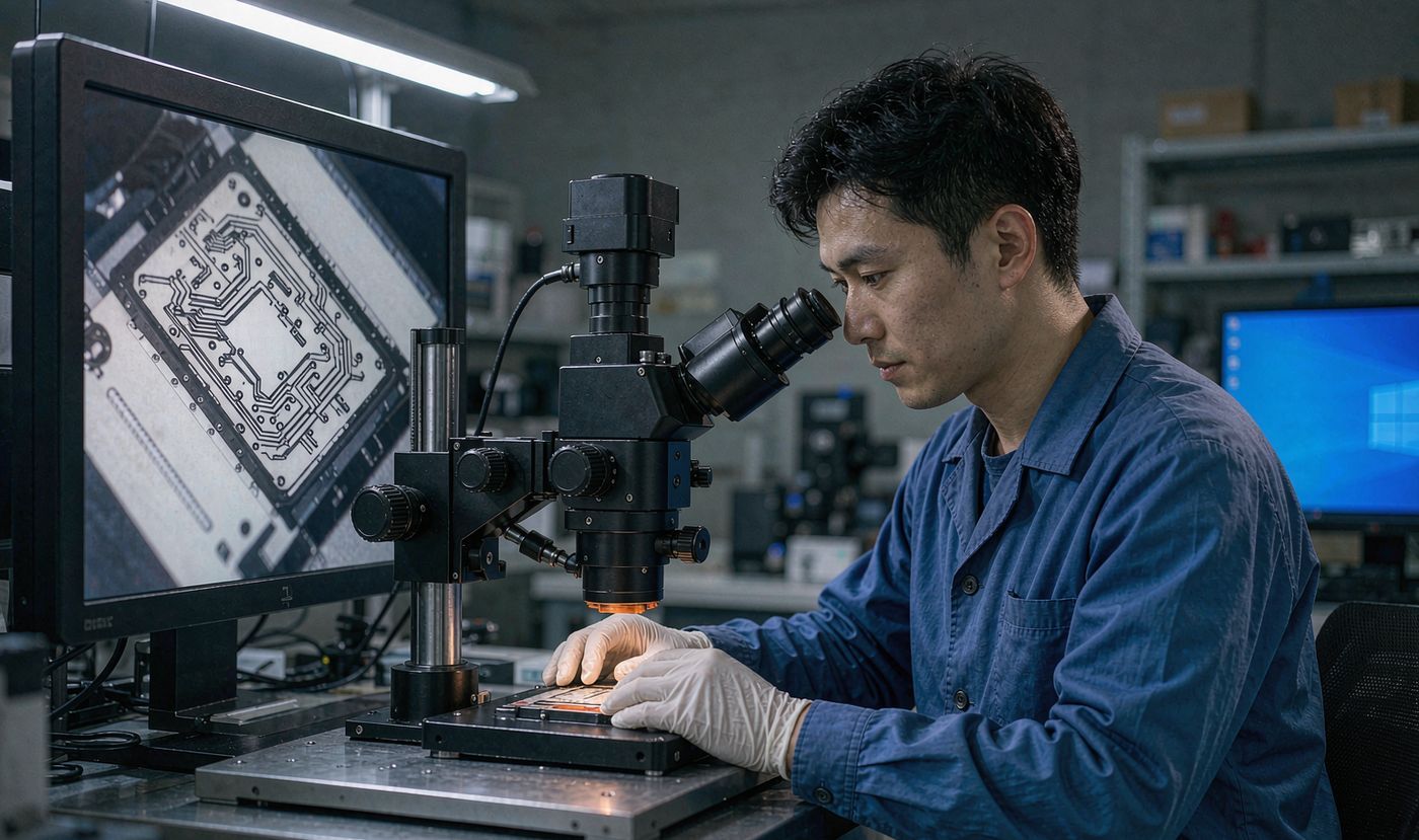 A quality control inspector examining the printed surface of a membrane switch panel under a digital microscope inspection station