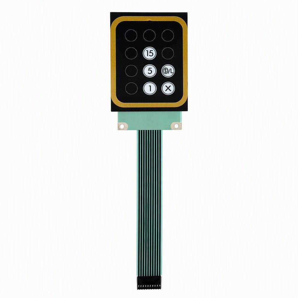 Custom membrane switch keypad with embossed tactile keys, PCB mounting flange and extended FPC tail