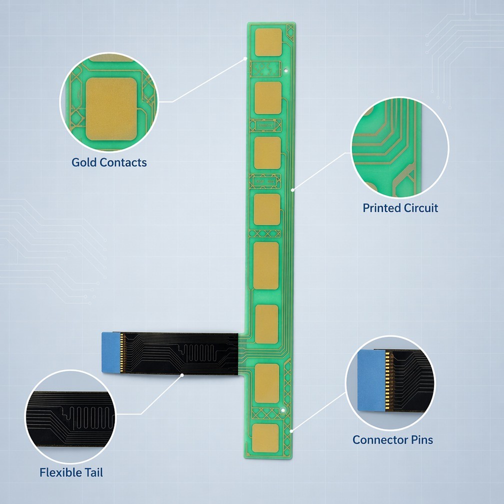 Custom multilayer FPC with gold contact pads, printed circuit, flexible tail and connector pins