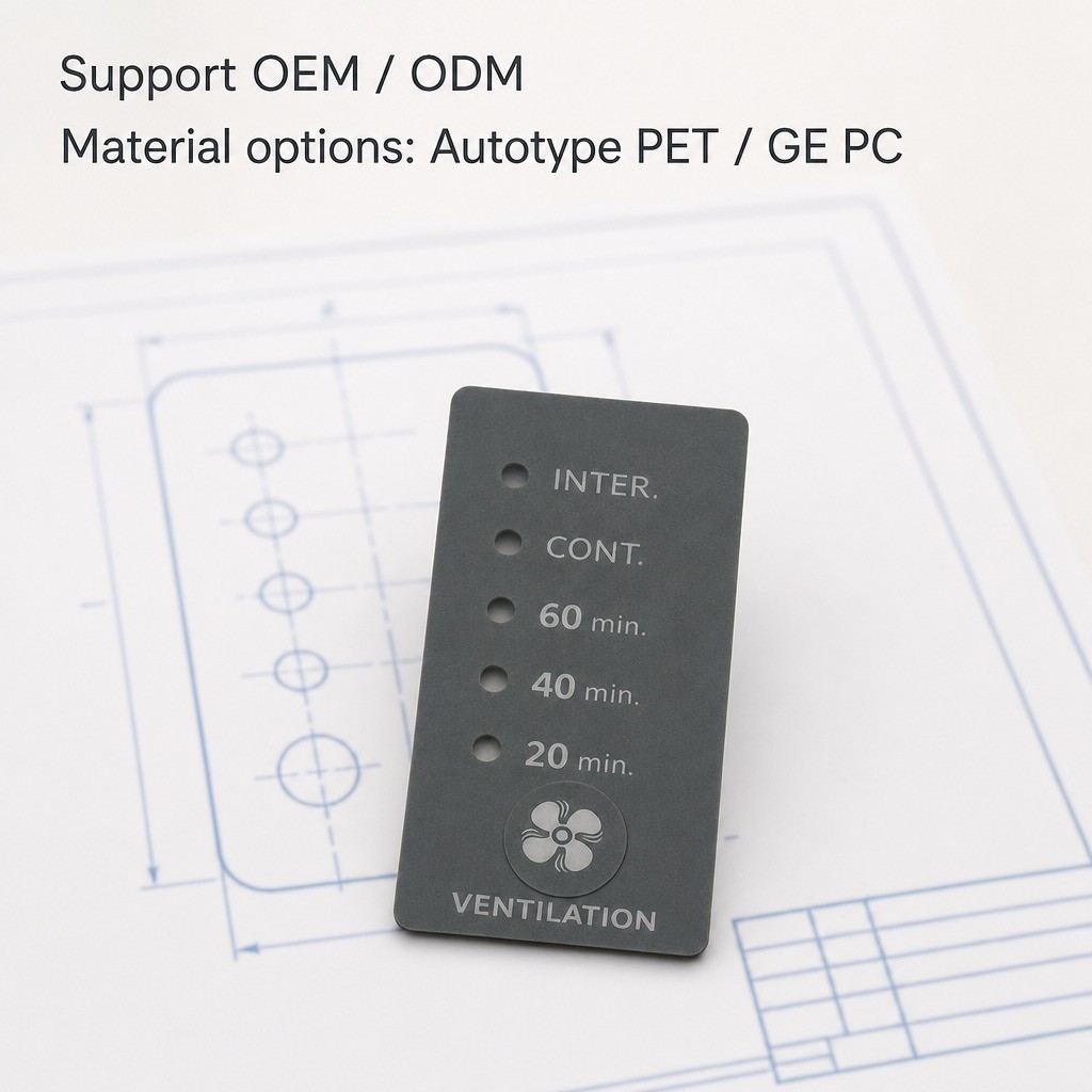 Custom embossed graphic overlay with indicator windows for ventilation fan control panel