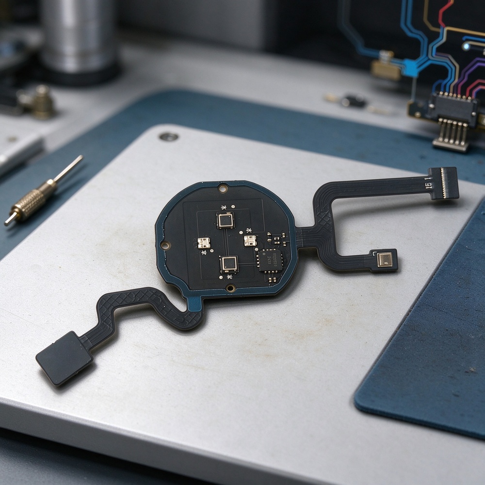 Custom rigid-flex PCB with FPC tails placed on an engineering workbench