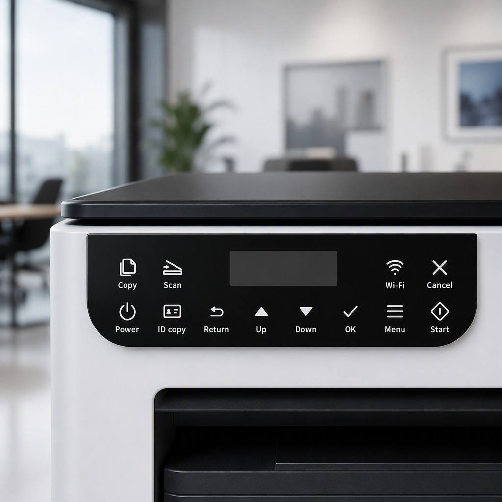 Custom printer control panel membrane switch with matte PET surface, 3M adhesive and LCD display window