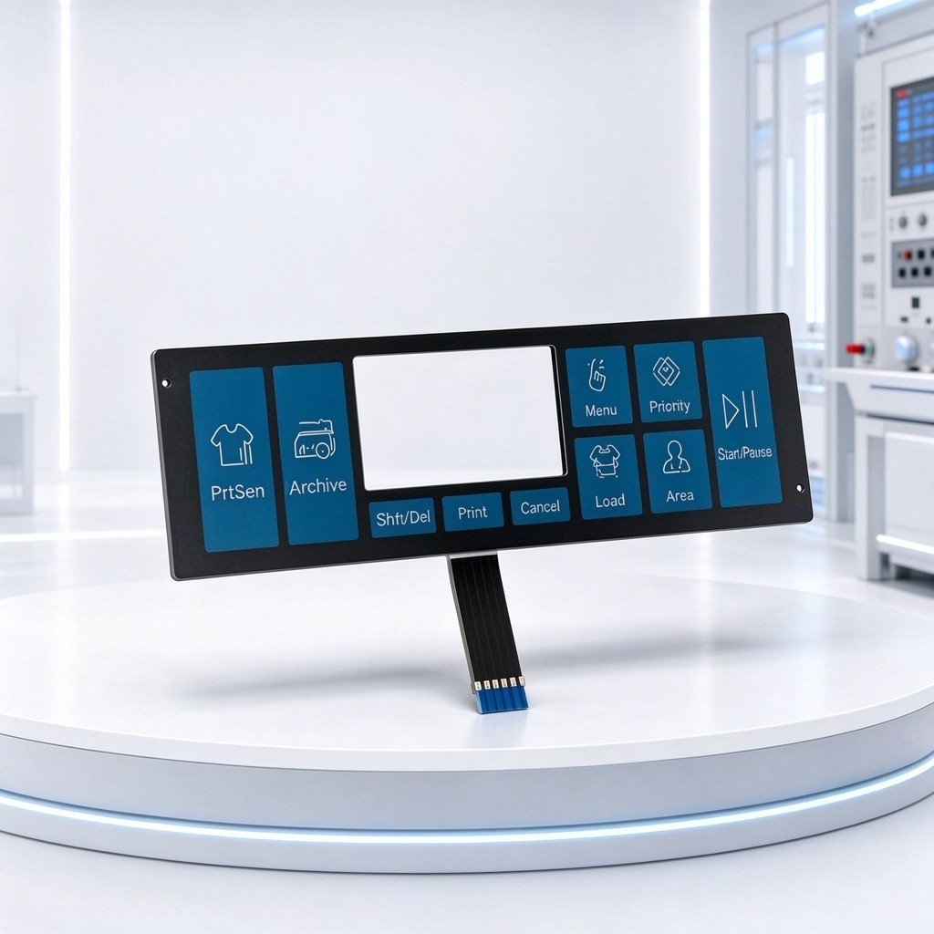 Custom printer control panel membrane switch keypad with transparent LCD window and FPC tail