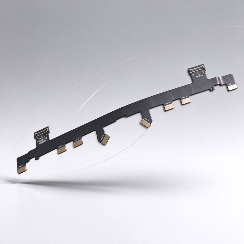 Real multilayer flexible printed circuit with multiple ZIF connector tails and gold-plated contact fingers, produced by KeypadOne