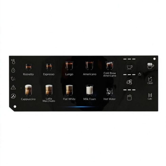 Custom Coffee Machine Control Panel Overlay | Glass Graphic Overlay Without a Window | OEM/ODM Manufacturer