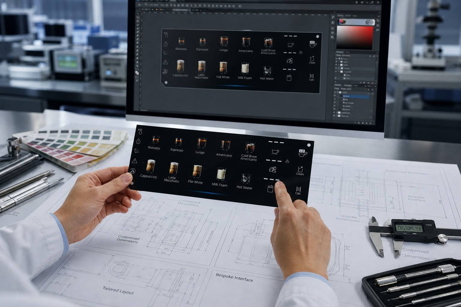 Engineer reviewing a custom coffee machine graphic overlay without a window against technical drawings