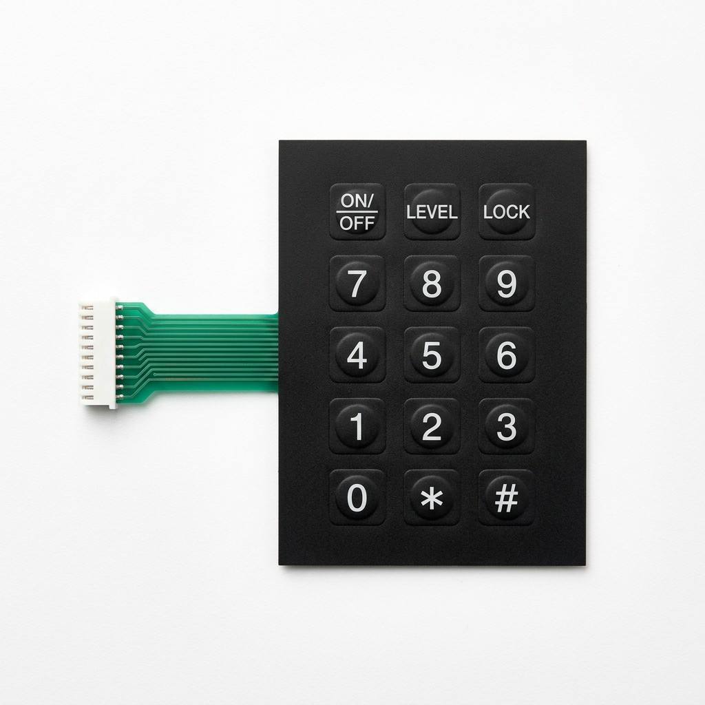 Custom non-tactile membrane switch keypad with numeric keys and flexible circuit tail connector