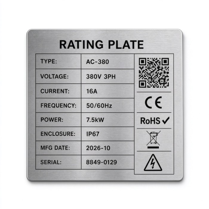 Custom Brushed Stainless Steel Equipment Rating Nameplate with Permanent Laser Engraving for OEM/ODM
