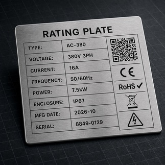 Brushed stainless steel equipment rating nameplate with permanent laser engraving