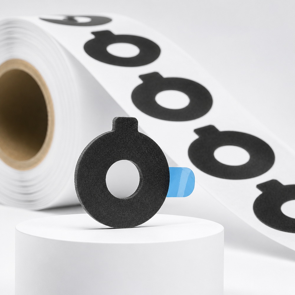Die cut automotive sensor damping and sealing gaskets supplied on roll with easy-pull tabs