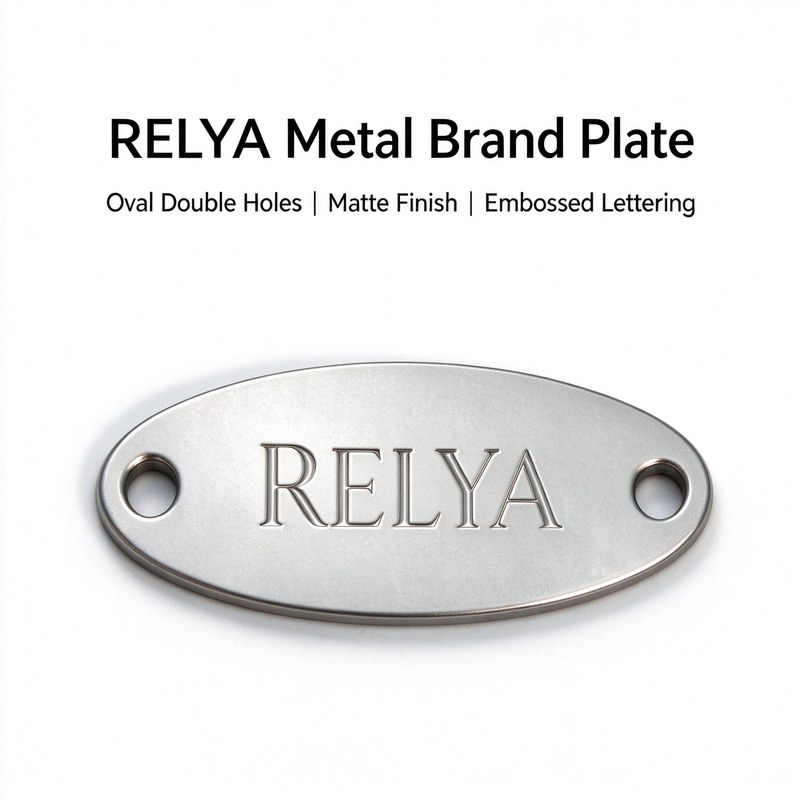 Custom oval etched stainless steel metal nameplate with screw mounting holes