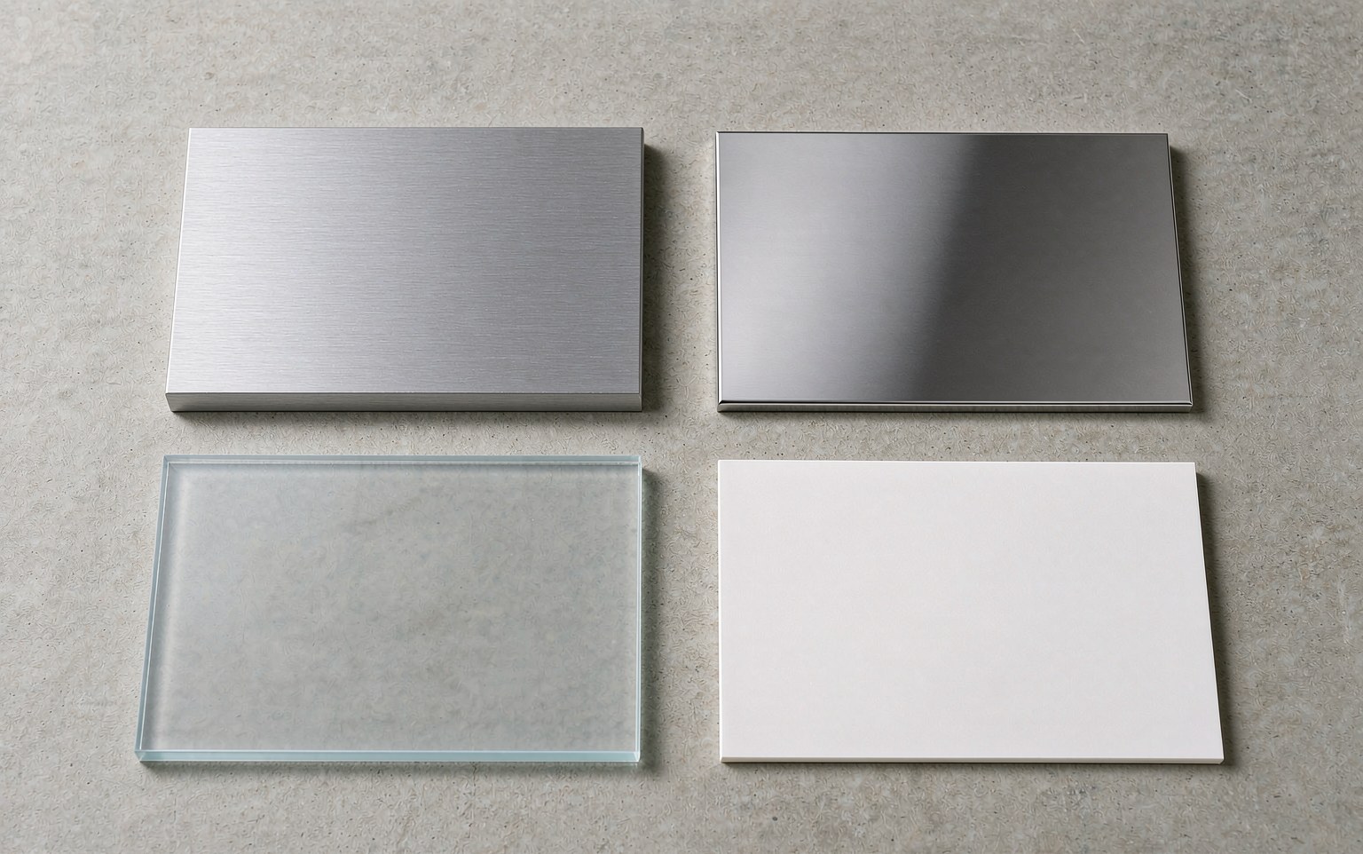 Photo of four blank nameplate material samples: brushed aluminium, polished stainless steel, clear polycarbonate and matte white polyester