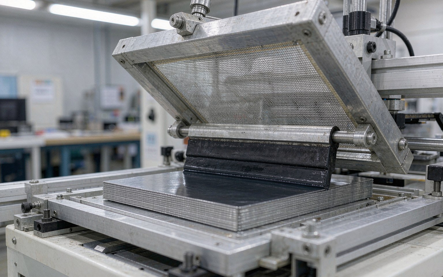 Photo of a precision screen printing machine printing a stack of thin aluminium nameplate blanks in a clean workshop