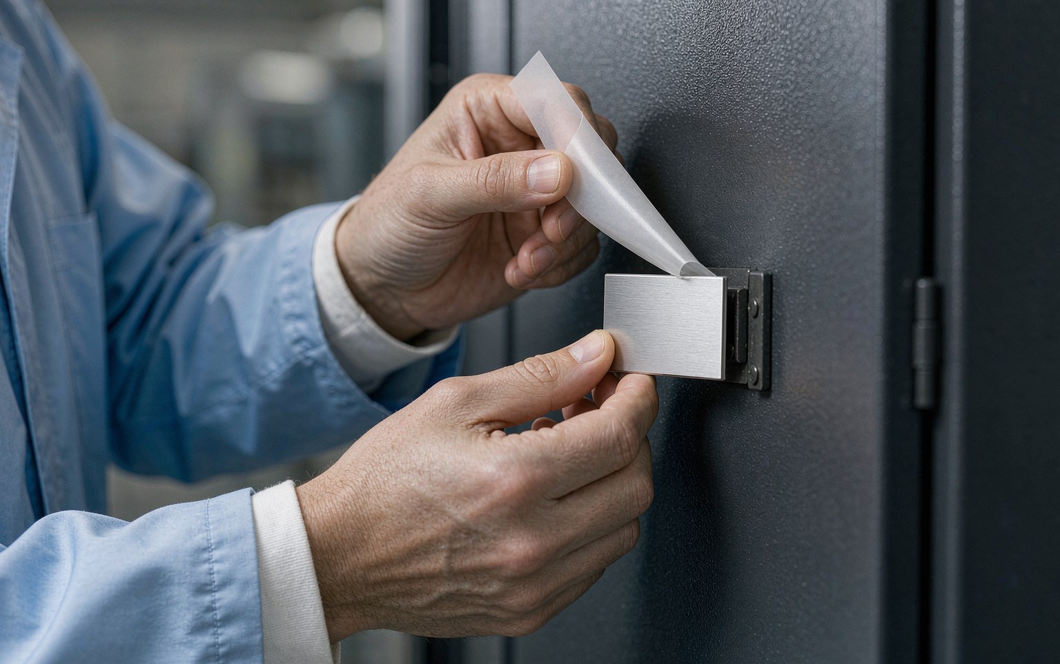 Photo of a technician pressing an adhesive-backed metal nameplate onto a powder-coated control cabinet while peeling the release liner