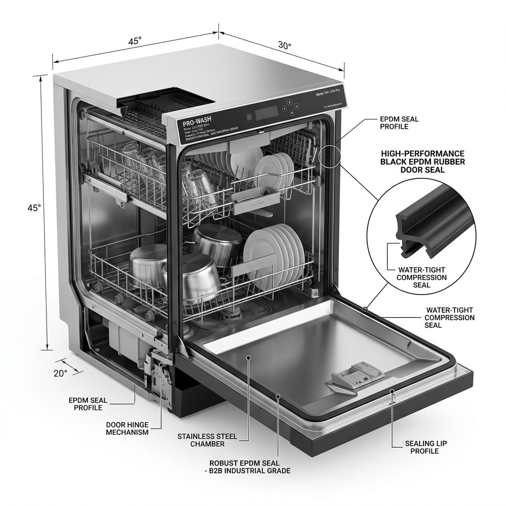 Cutaway diagram of a dishwasher showing the EPDM door seal profile