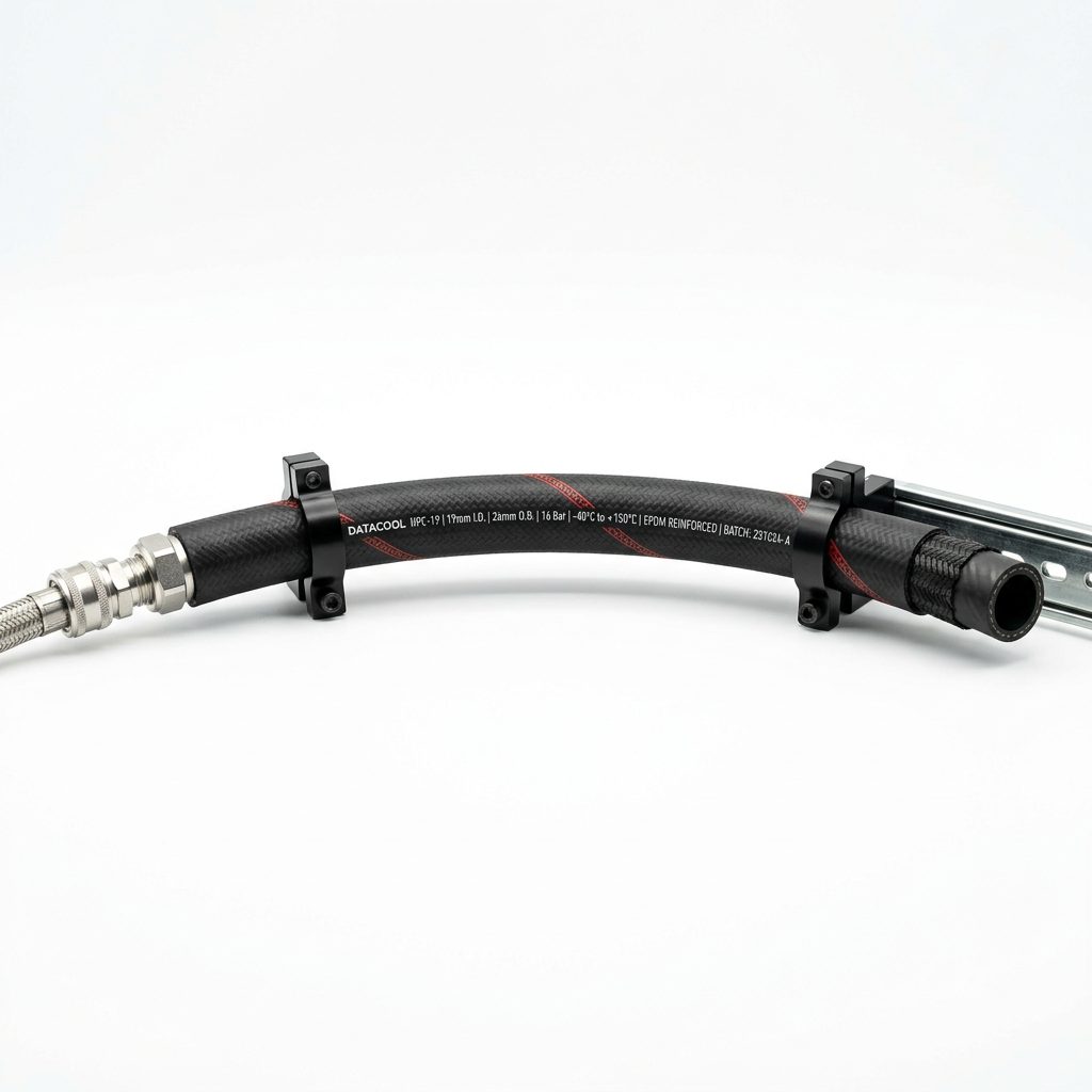 DATACOOL UPC-19 EPDM reinforced rubber hose on a rail clamp for EV battery cooling