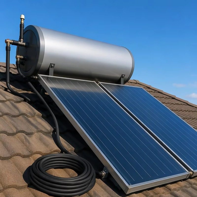 Black rubber coil on a tiled roof next to a solar water heater for outdoor water systems