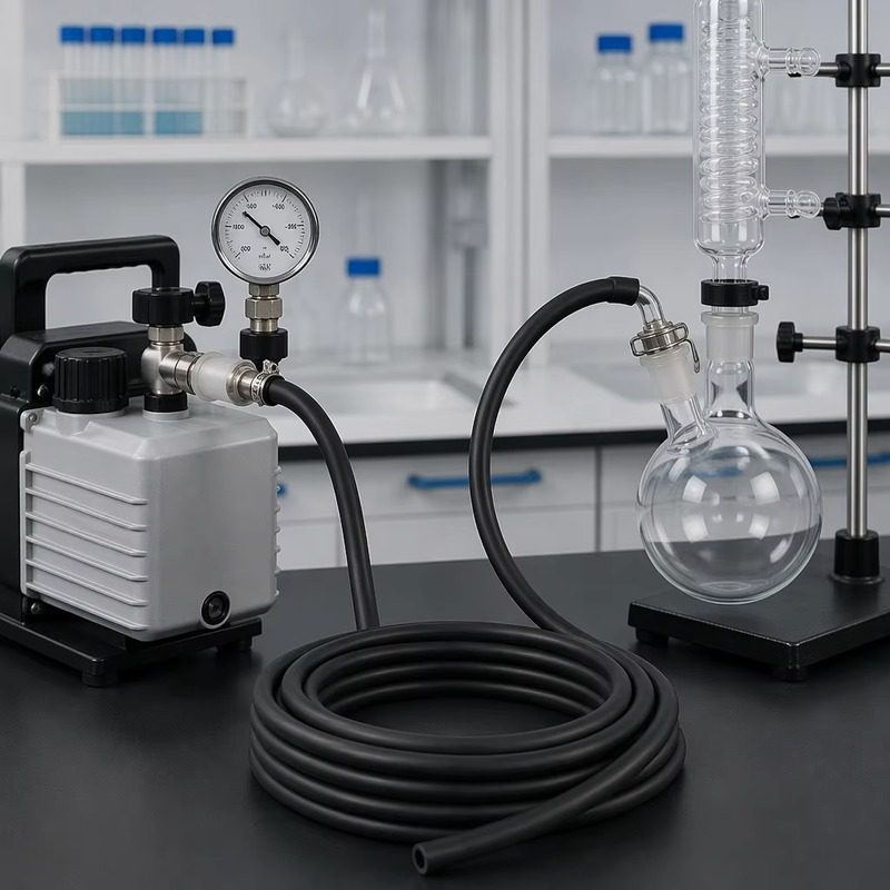 Laboratory bench with a vacuum pump, glassware and black rubber tubing for fluid transfer