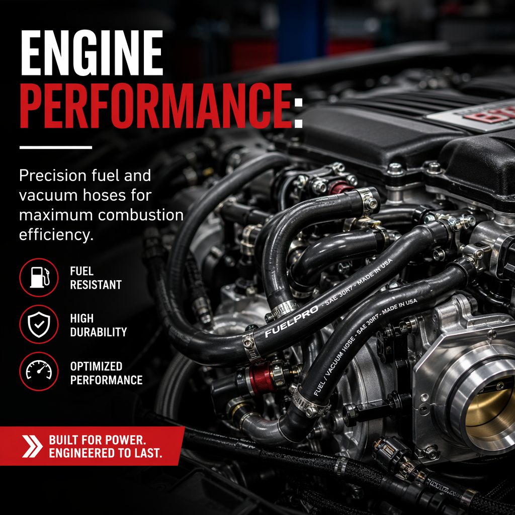 Engine bay showing precision fuel and vacuum rubber hoses routed across the engine