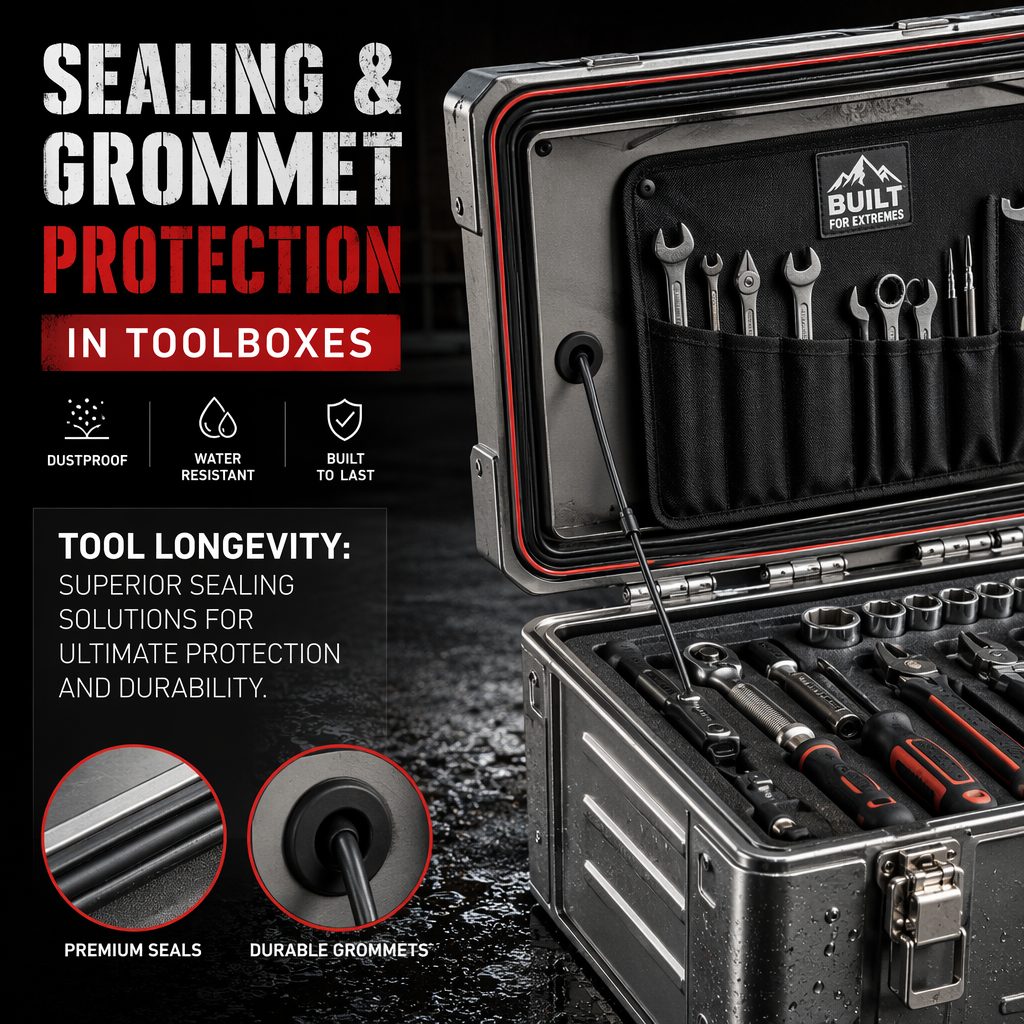 Open industrial toolbox with rubber sealing and grommet protection along the rim