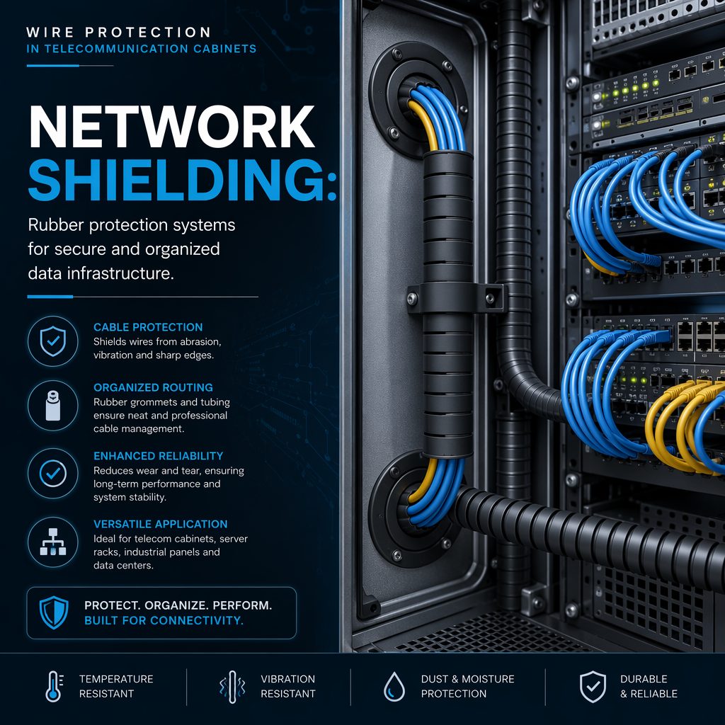 Server cabinet with rubber corrugated conduit protecting and routing blue network cables