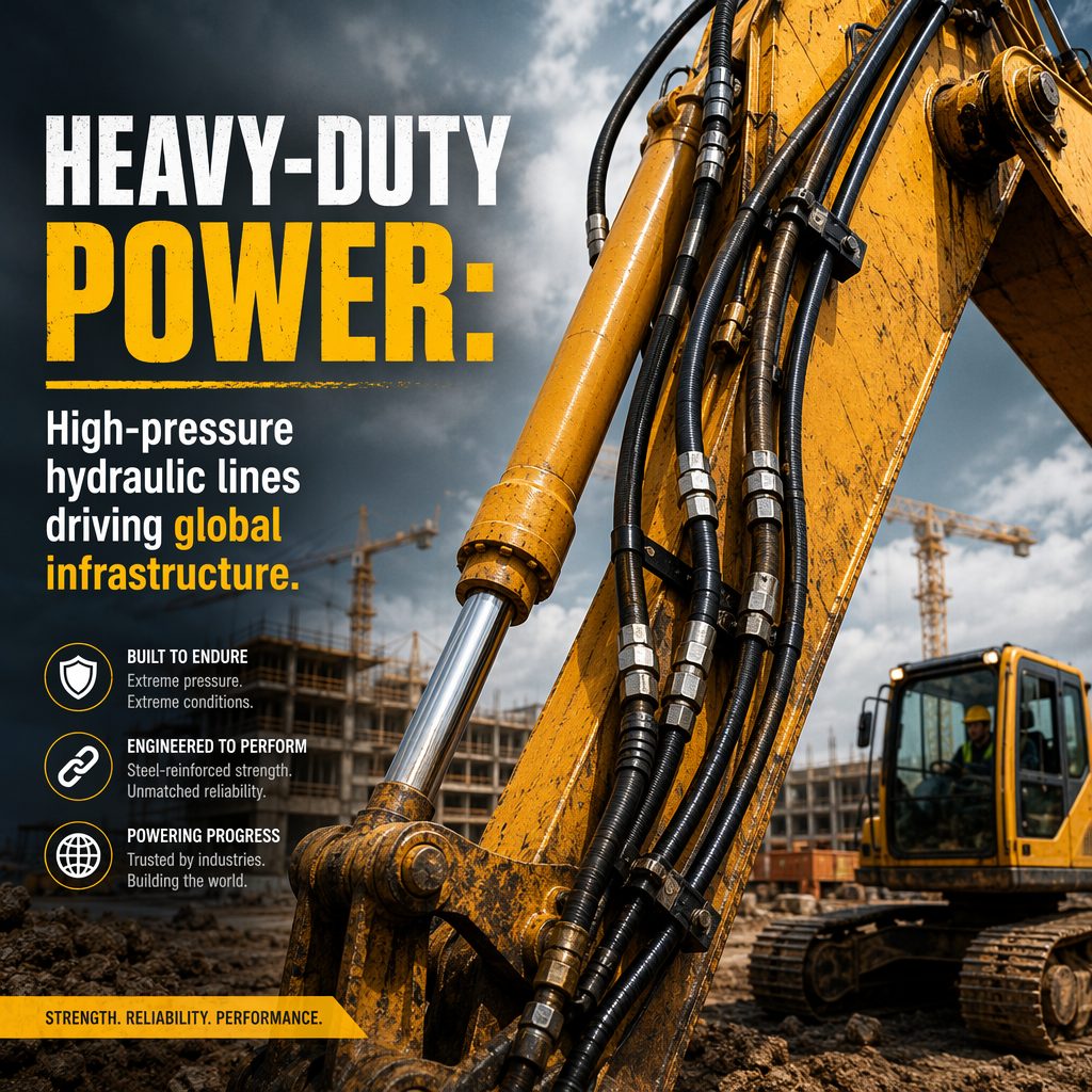 Yellow excavator arm with bundled high-pressure hydraulic rubber hoses