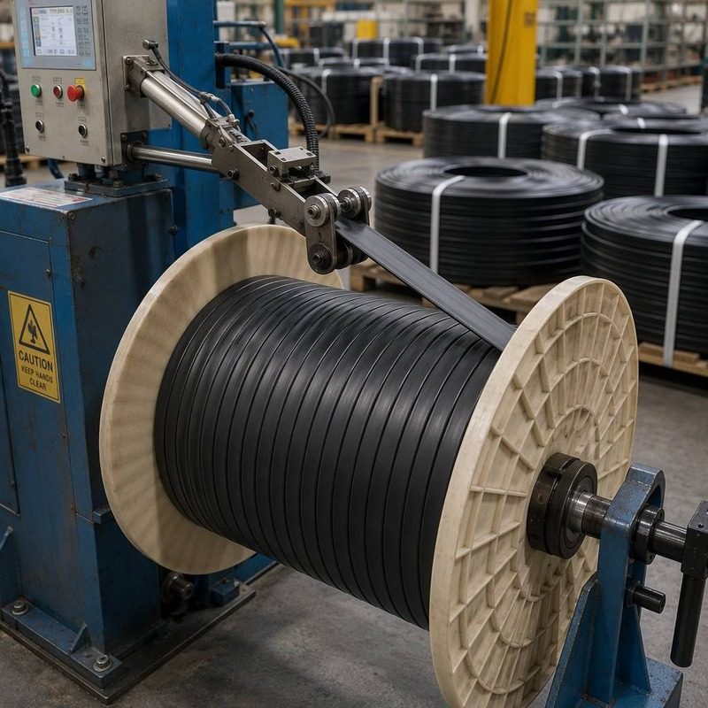 Large spool of black rubber tubing on the production line, showing factory capacity