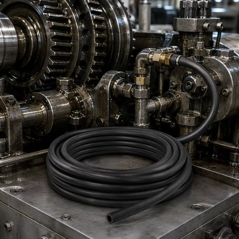 EPDM rubber hose coiled on industrial hydraulic equipment in a factory