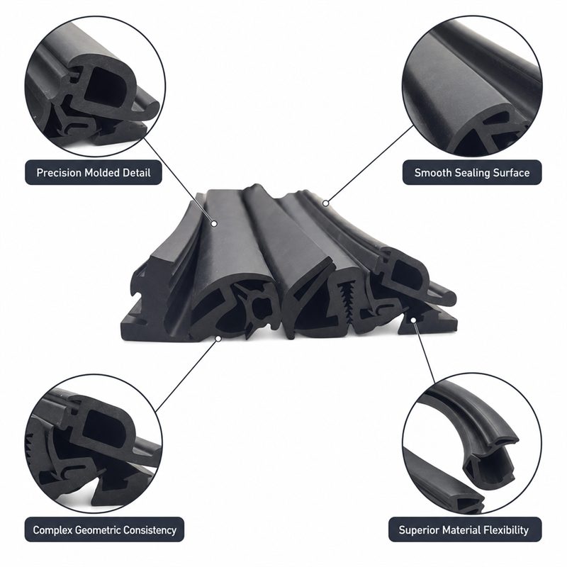 Detail view of molded and extruded EPDM sealing profile surfaces