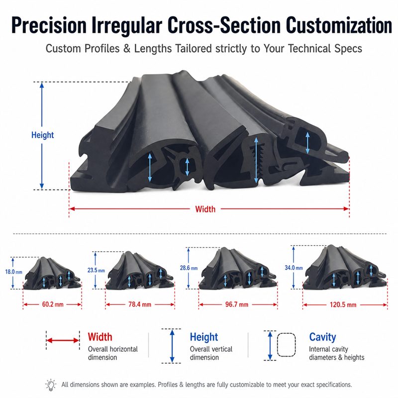Width height and cavity dimensions for custom EPDM profiles