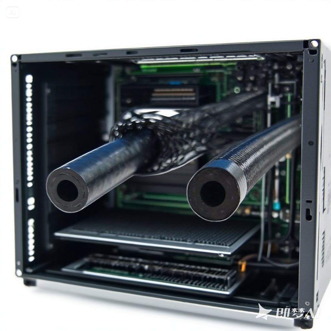 Rubber hoses routed inside a computer liquid cooling system