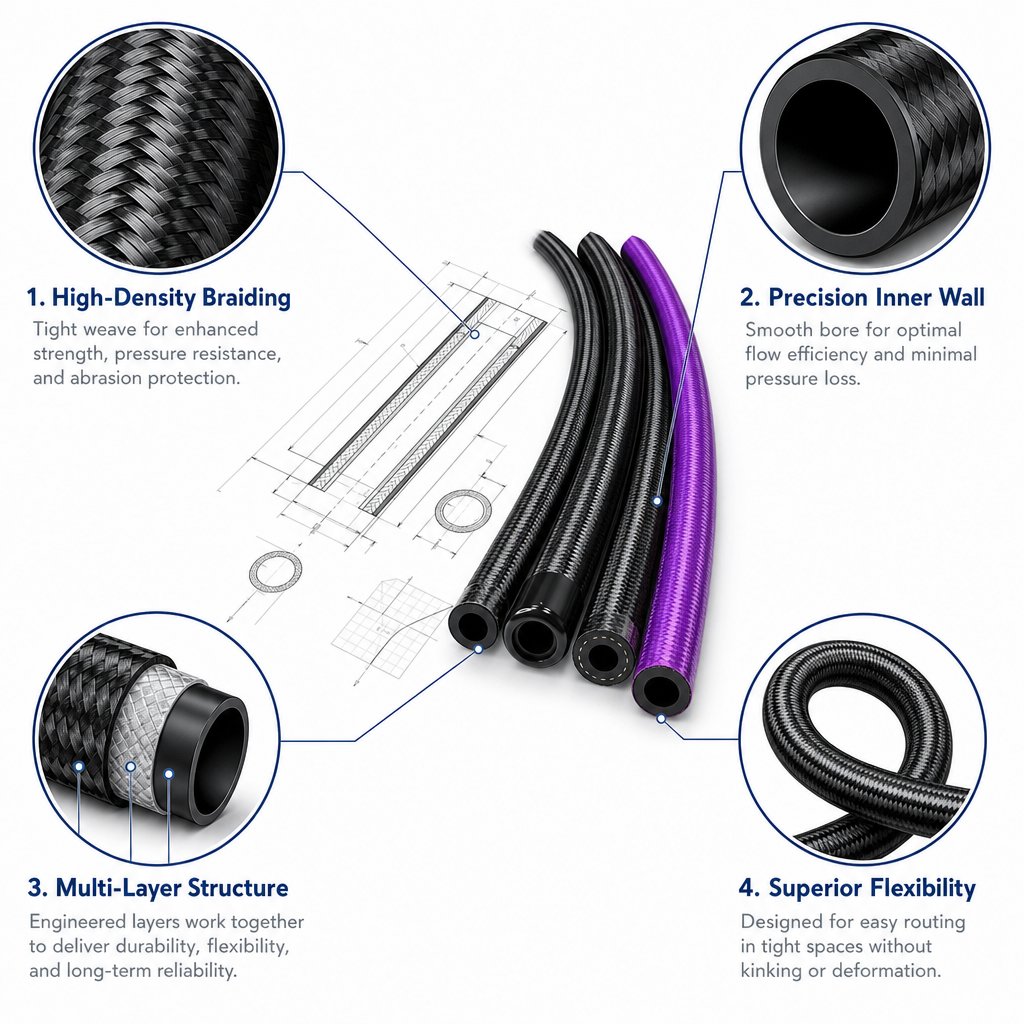 Braided hose construction detail: braid, tube and fitting