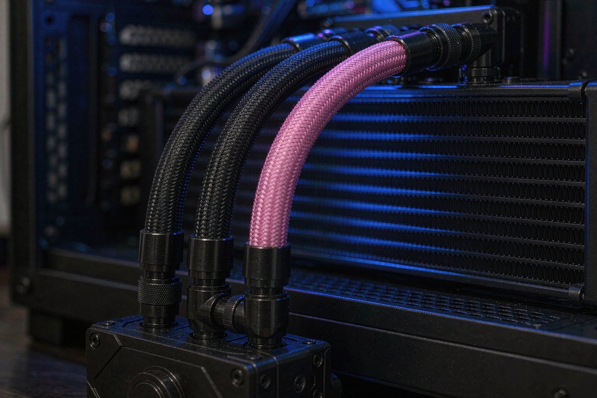 Braided hoses on a CPU water block with black sleeving