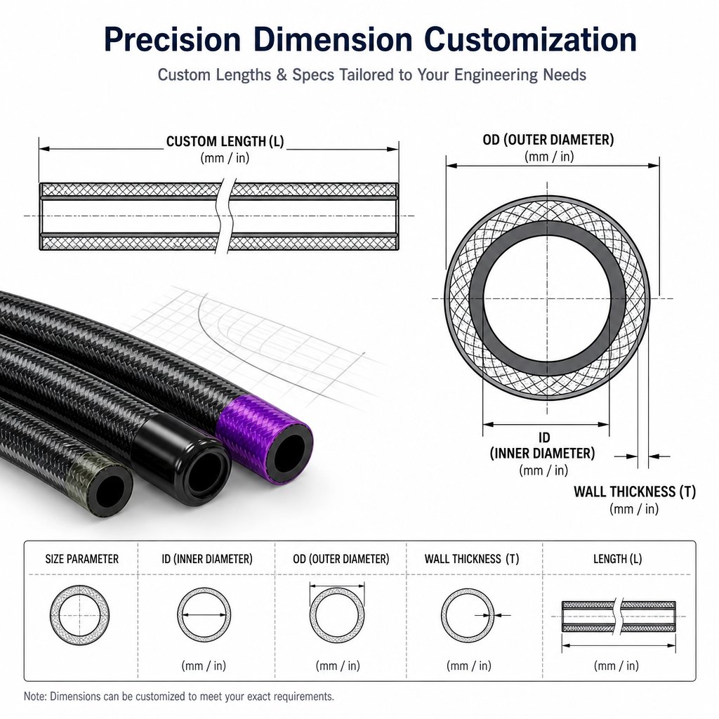 Braided hose size guide with ID, OD and wall thickness
