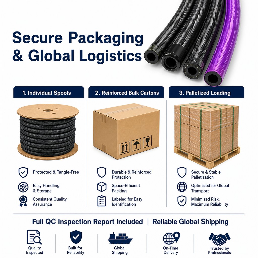 Export-ready packaging for braided hose coils