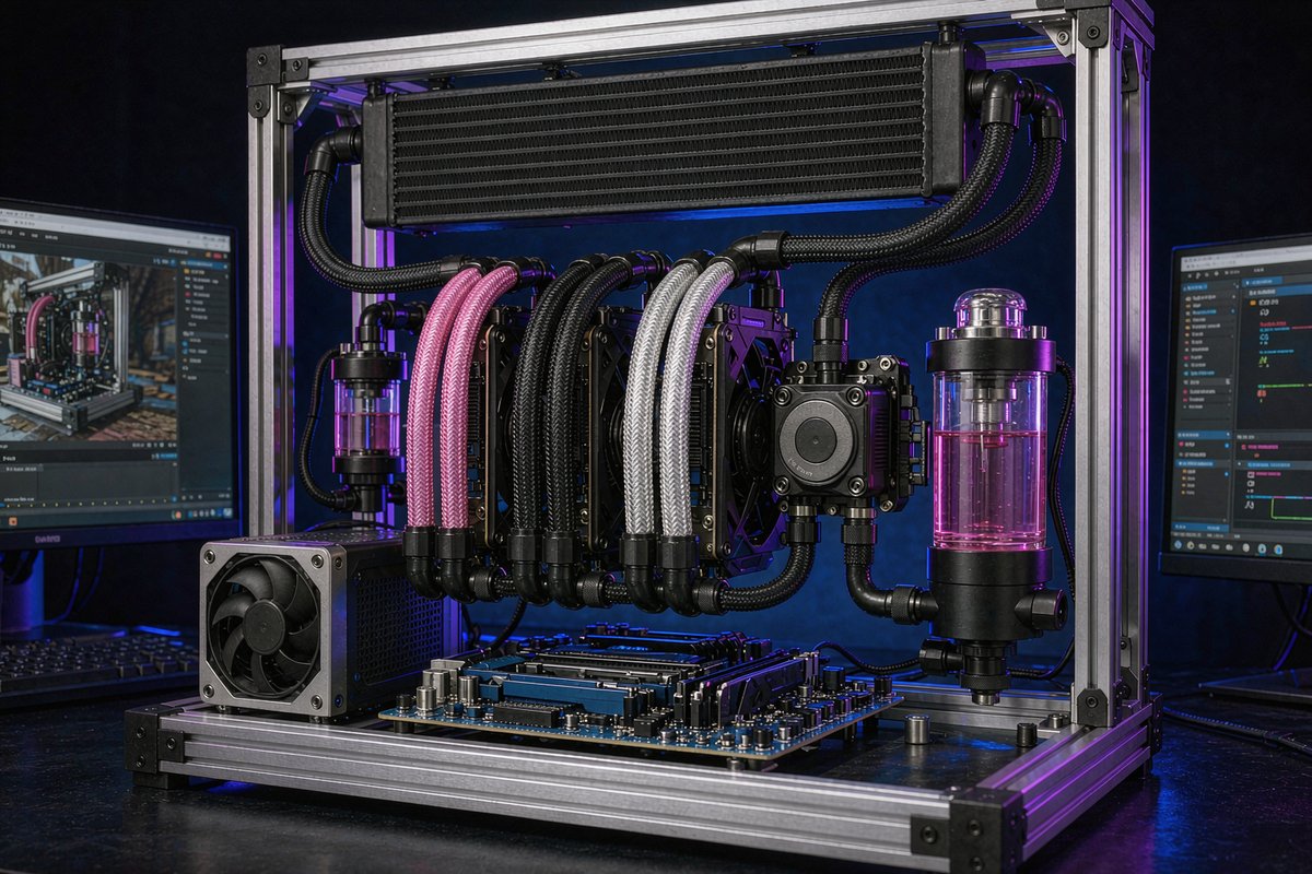 Open aluminium test bench with braided hose runs