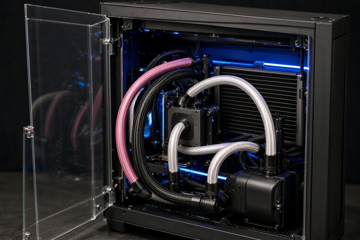 Completed braided hose loop inside a black PC chassis